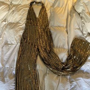 Nadine Merabi Golden Sparkle Disco Jumpsuit